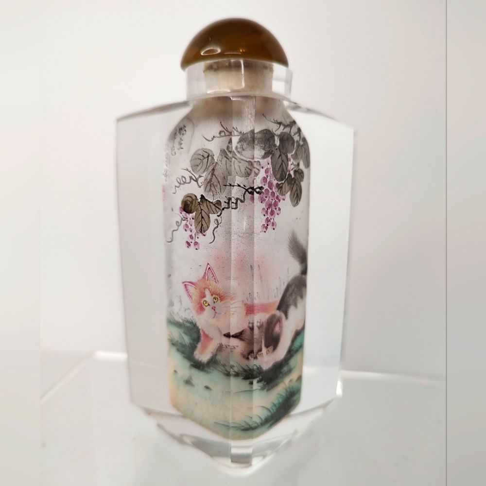 Vintage Kittens/Cats Signed Inside/Reverse Painted Snuff Triangle Bottle